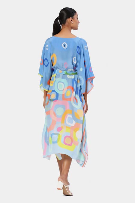 Shop Satya Paul Blue Viscose V-neck Geometric Print Kaftan at Aza Fashions Shop_Satya Paul_Blue Viscose V-neck Geometric Print Kaftan _at_Aza_Fashions