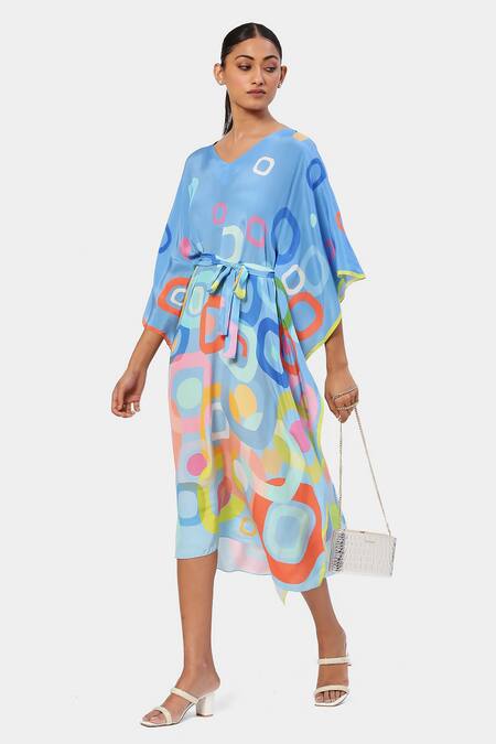 Satya Paul Blue Viscose V-neck Geometric Print Kaftan Online at Aza Fashions Satya Paul_Blue Viscose V-neck Geometric Print Kaftan _Online_at_Aza_Fashions