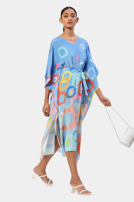 Buy Satya Paul Blue Viscose V-neck Geometric Print Kaftan Online at Aza Fashions Buy_Satya Paul_Blue Viscose V-neck Geometric Print Kaftan _Online_at_Aza_Fashions