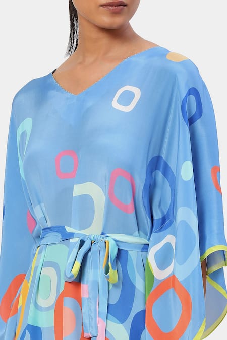 Shop Satya Paul Blue Viscose V-neck Geometric Print Kaftan Online at Aza Fashions Shop_Satya Paul_Blue Viscose V-neck Geometric Print Kaftan _Online_at_Aza_Fashions