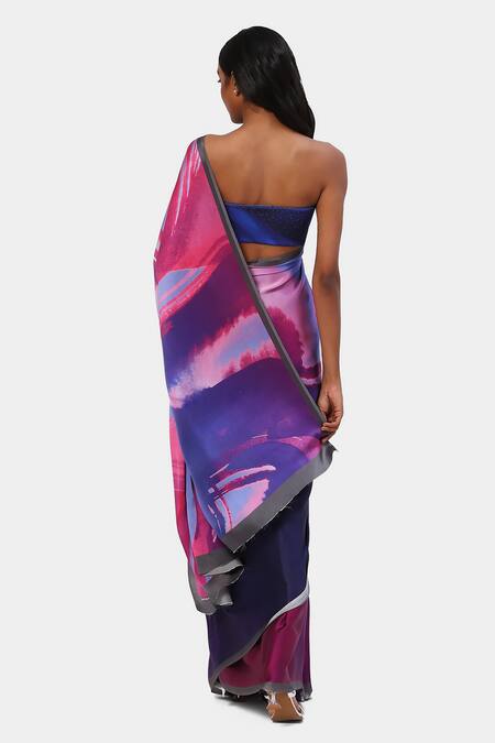 Shop Satya Paul Purple Georgette, Satin Contrast Shaded Geometric Print Saree at Aza Fashions Shop_Satya Paul_Purple Georgette, Satin Contrast Shaded Geometric Print Saree_at_Aza_Fashions