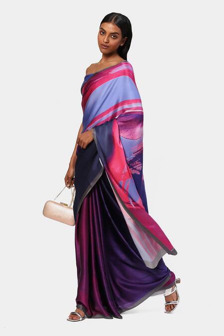 Satya Paul Purple Georgette, Satin Contrast Shaded Geometric Print Saree Online at Aza Fashions Satya Paul_Purple Georgette, Satin Contrast Shaded Geometric Print Saree_Online_at_Aza_Fashions