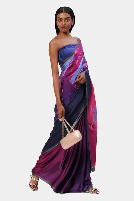 Buy Satya Paul Purple Georgette, Satin Contrast Shaded Geometric Print Saree Online at Aza Fashions Buy_Satya Paul_Purple Georgette, Satin Contrast Shaded Geometric Print Saree_Online_at_Aza_Fashions