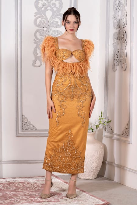 Asra Brown Net Embellished Crystal Sweetheart Neck Swirl Dress 