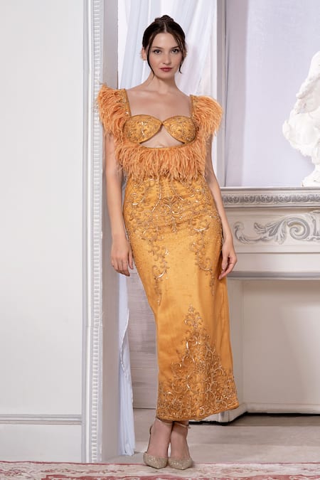 Buy_Asra_Brown Net Crystals, Sequins Sweetheart Neck Swirl Embellished Dress _Online_at_Aza_Fashions