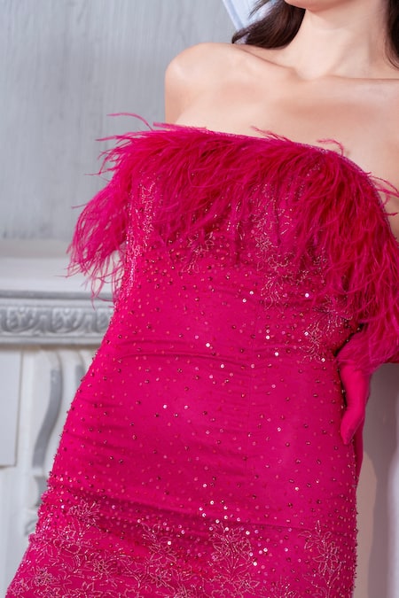 Shop_Asra_Pink Net Sequins, Feathers Open Neck Lined Embellished Dress _Online_at_Aza_Fashions