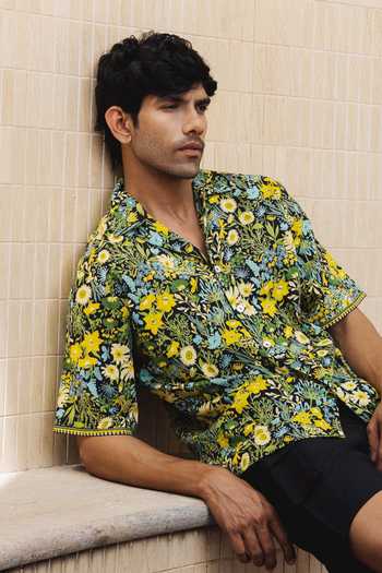 Buy_Baise Gaba_Multi Color Cotton, Linen Embroidery Cedric Floral Print Shirt And Short Set_Online_at_Aza_Fashions