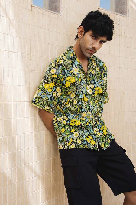 Shop Baise Gaba Multi Color Cotton Embroidery Cedric Floral Print Shirt at Aza Fashions Shop_Baise Gaba_Multi Color Cotton Embroidery Cedric Floral Print Shirt_at_Aza_Fashions