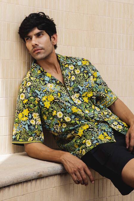 Shop Baise Gaba Multi Color Cotton Embroidery Cedric Floral Print Shirt Online at Aza Fashions Shop_Baise Gaba_Multi Color Cotton Embroidery Cedric Floral Print Shirt_Online_at_Aza_Fashions