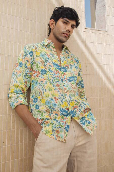 Buy Baise Gaba Yellow Cotton Lirio Floral Print Shirt Online at Aza Fashions Buy_Baise Gaba_Yellow Cotton Lirio Floral Print Shirt_Online_at_Aza_Fashions