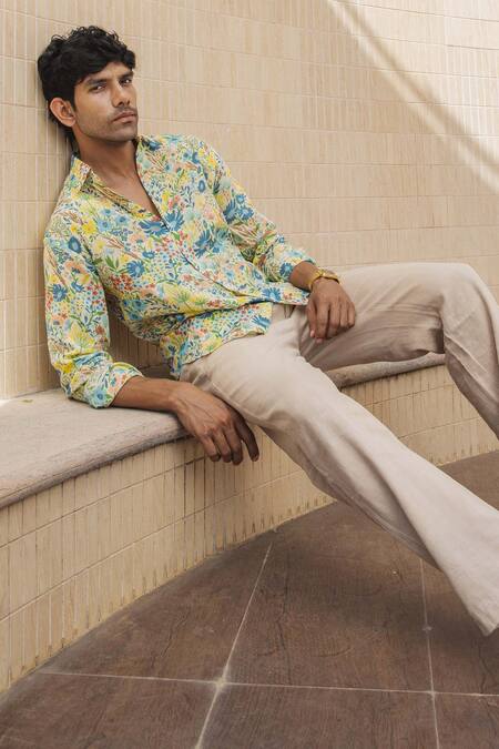 Shop Baise Gaba Yellow Cotton Lirio Floral Print Shirt Online at Aza Fashions Shop_Baise Gaba_Yellow Cotton Lirio Floral Print Shirt_Online_at_Aza_Fashions