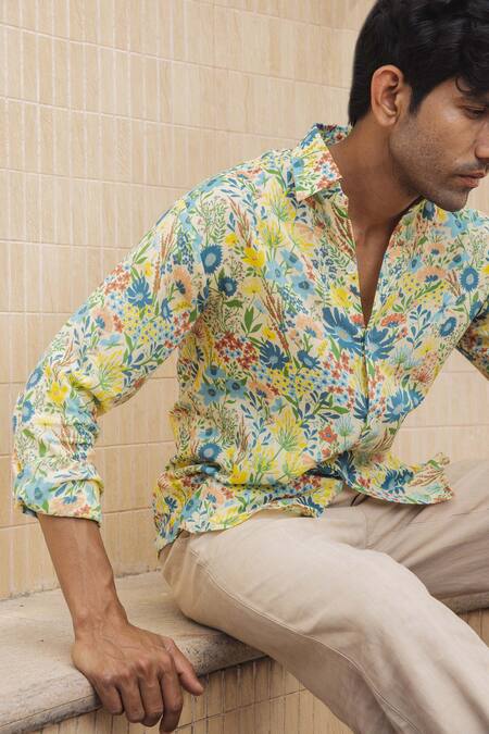 Buy Baise Gaba Yellow Cotton Lirio Floral Print Shirt Buy_Baise Gaba_Yellow Cotton Lirio Floral Print Shirt