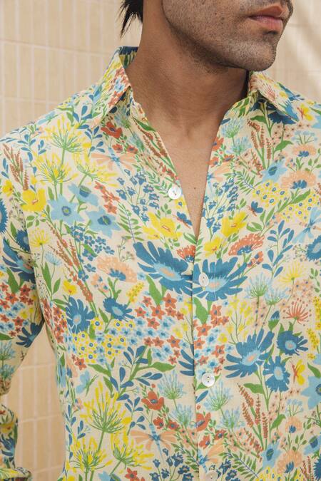 Shop Baise Gaba Yellow Cotton Lirio Floral Print Shirt Shop_Baise Gaba_Yellow Cotton Lirio Floral Print Shirt