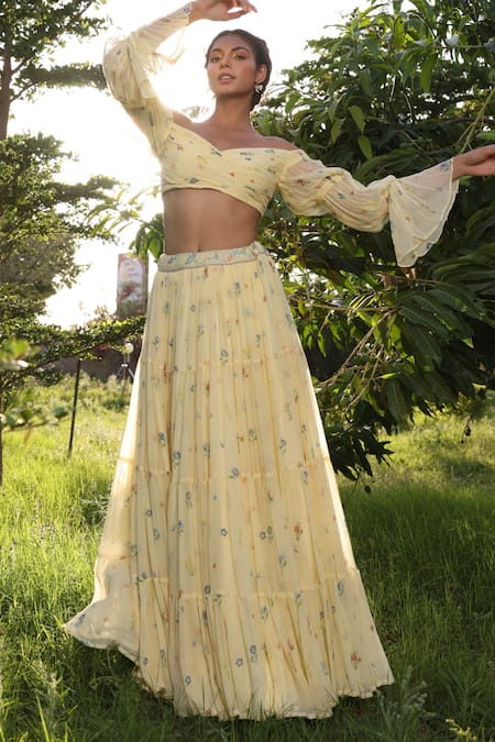 Baise Gaba Yellow Lehenga And Blouse Chiffon Printed Floral Flourish & Set 