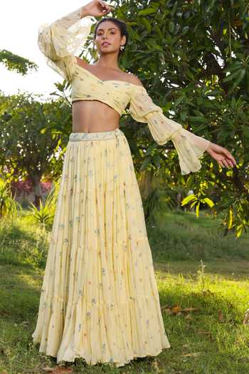 Baise Gaba_Yellow Chiffon, Cotton Embroidery Sweetheart Neck Blossom Floral Print Blouse_Online_at_Aza_Fashions