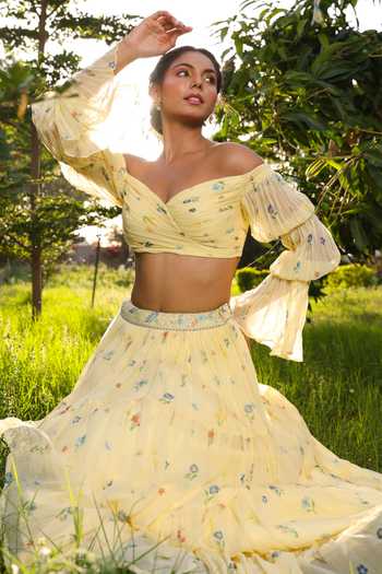 Shop_Baise Gaba_Yellow Chiffon, Cotton Embroidery Sweetheart Neck Blossom Floral Print Blouse_Online_at_Aza_Fashions