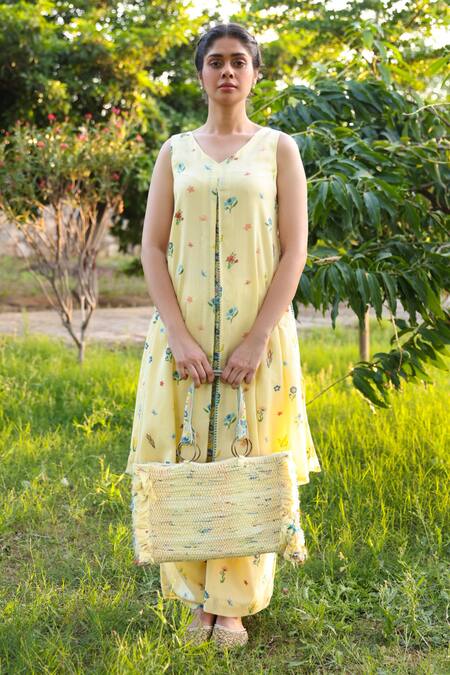 Baise Gaba_Yellow Cotton Embroidery V-neck Bliss Printed Kurta And Flared Pant Set_Online_at_Aza_Fashions