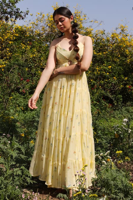 Baise Gaba_Yellow Chiffon, Cotton Embroidery Scoop Neck Sunkissed Floral Print Dress _Online_at_Aza_Fashions