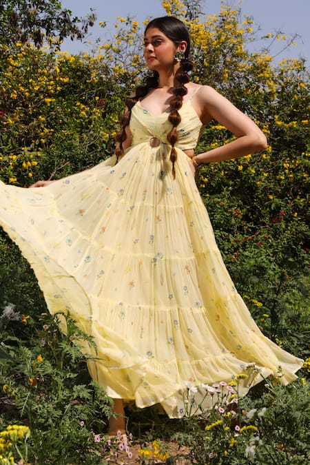Buy_Baise Gaba_Yellow Chiffon, Cotton Embroidery Scoop Neck Sunkissed Floral Print Dress _Online_at_Aza_Fashions