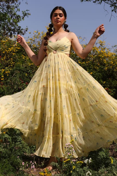 Shop_Baise Gaba_Yellow Chiffon, Cotton Embroidery Scoop Neck Sunkissed Floral Print Dress _Online_at_Aza_Fashions
