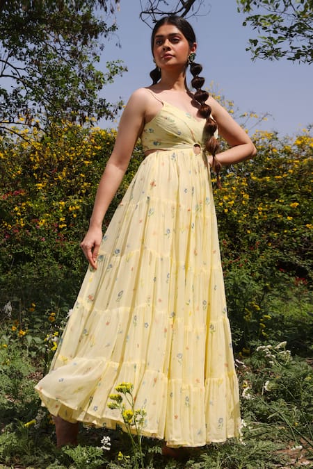 Baise Gaba_Yellow Chiffon, Cotton Embroidery Scoop Neck Sunkissed Floral Print Dress _at_Aza_Fashions