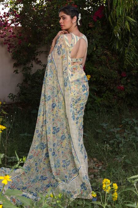Shop_Baise Gaba_Yellow Chiffon Eliana Garden Print Saree With Running Blouse_at_Aza_Fashions