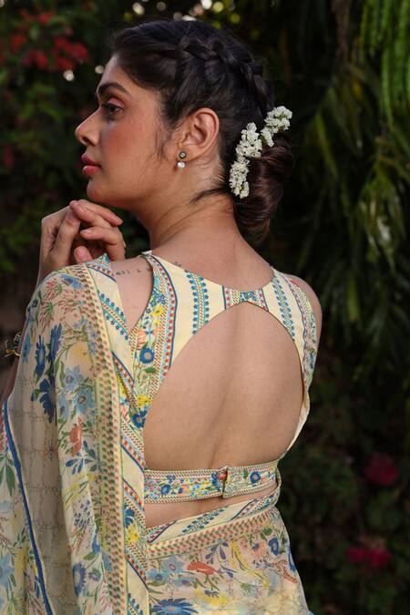 Buy_Baise Gaba_Yellow Chiffon Eliana Garden Print Saree With Running Blouse_Online_at_Aza_Fashions