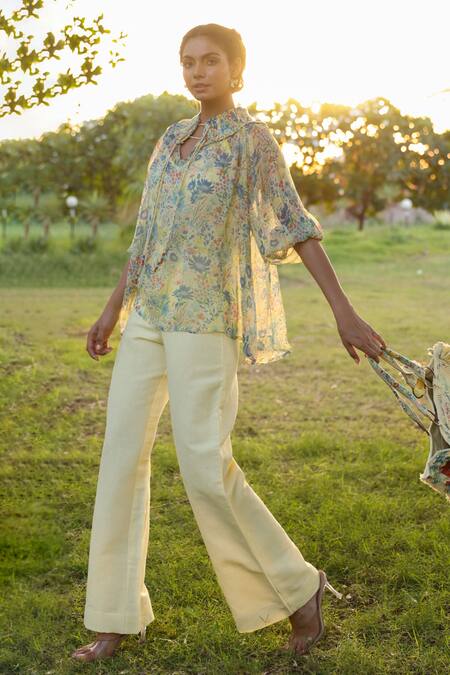 Baise Gaba_Yellow Cotton Linen Plain Daizi Pant_Online_at_Aza_Fashions