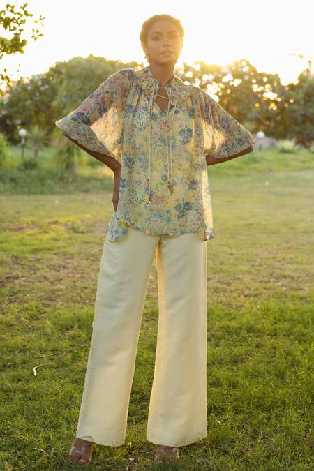 Buy_Baise Gaba_Yellow Cotton Linen Plain Daizi Pant_Online_at_Aza_Fashions