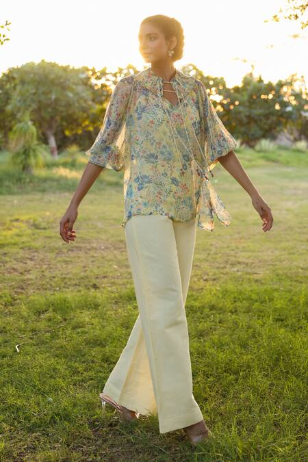 Baise Gaba_Yellow Cotton Linen Plain Daizi Pant_at_Aza_Fashions