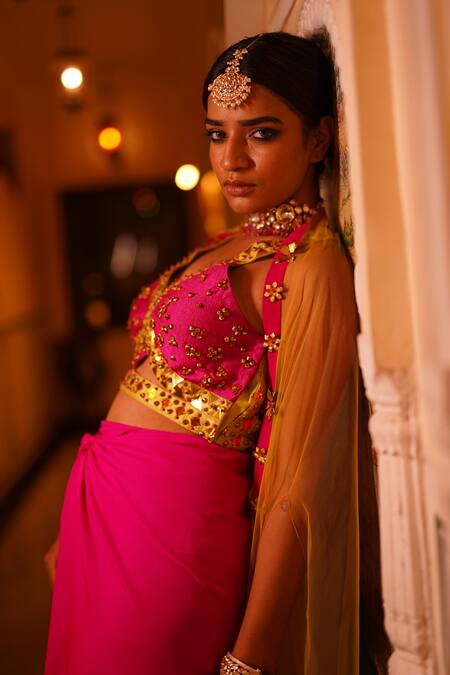 Xoxo Apurva_Pink Blouse  Raw Silk Hand Embroidered Beads V Neck Border Cape Pant Set _Online_at_Aza_Fashions