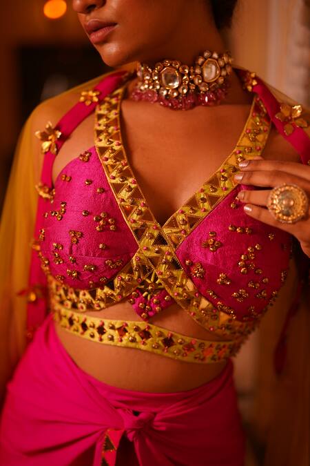 Buy_Xoxo Apurva_Pink Blouse  Raw Silk Hand Embroidered Beads V Neck Border Cape Pant Set _Online_at_Aza_Fashions