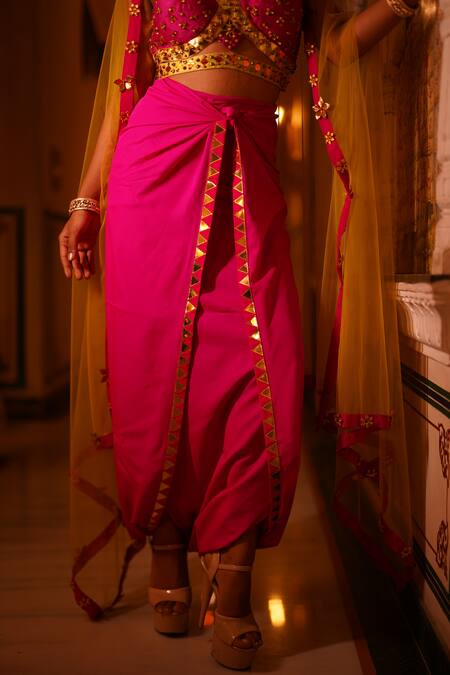 Shop_Xoxo Apurva_Pink Blouse  Raw Silk Hand Embroidered Beads V Neck Border Cape Pant Set _Online_at_Aza_Fashions