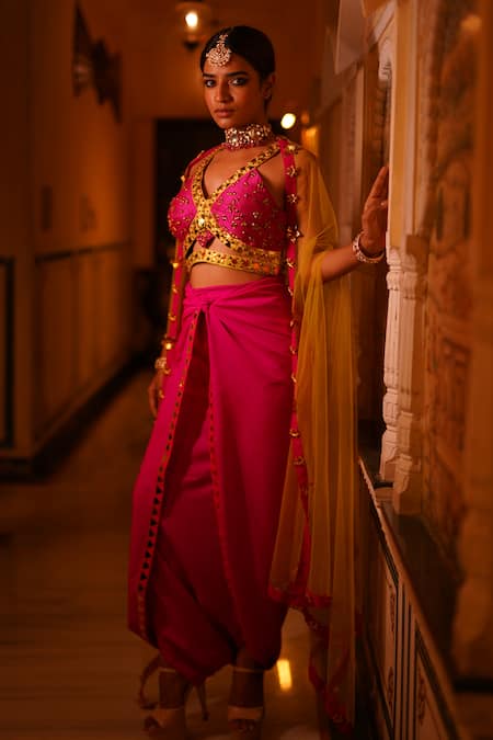 Xoxo Apurva_Pink Blouse  Raw Silk Hand Embroidered Beads V Neck Border Cape Pant Set _at_Aza_Fashions