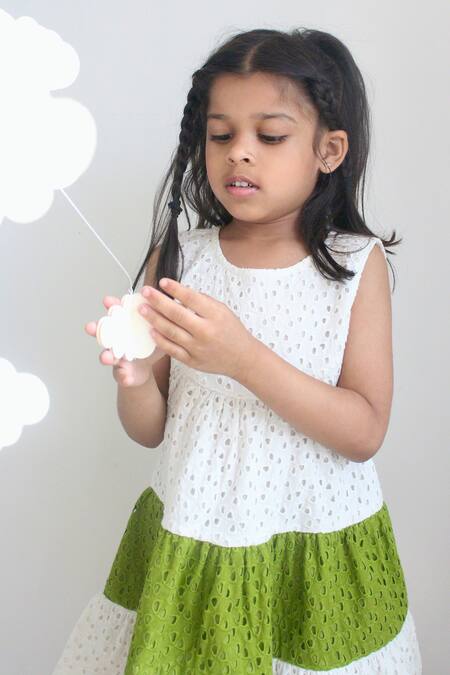 Charkhee_White Cotton Embroidery Schiffli Pattern Tiered Dress_Online_at_Aza_Fashions