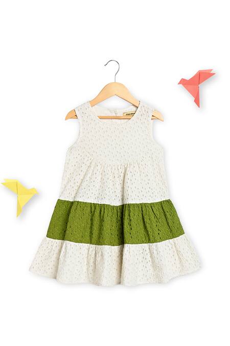 Buy_Charkhee_White Cotton Embroidery Schiffli Pattern Tiered Dress_Online_at_Aza_Fashions