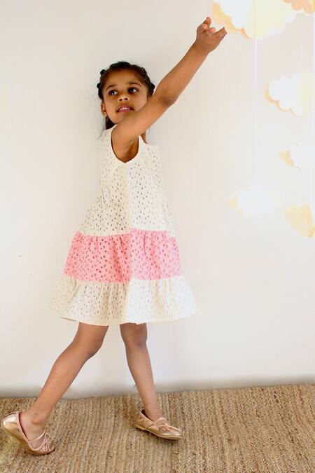 Buy_Charkhee_White Cotton Embroidery Schiffli Pattern Tiered Dress_Online_at_Aza_Fashions