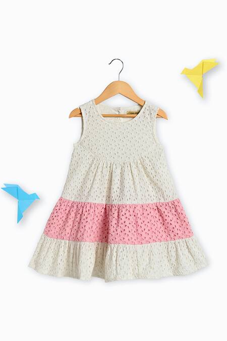 Shop_Charkhee_White Cotton Embroidery Schiffli Pattern Tiered Dress_Online_at_Aza_Fashions