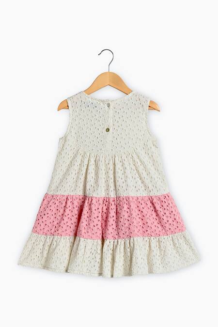 Charkhee_White Cotton Embroidery Schiffli Pattern Tiered Dress_at_Aza_Fashions