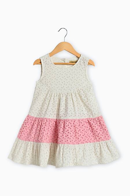 Shop_Charkhee_White Cotton Embroidery Schiffli Pattern Tiered Dress