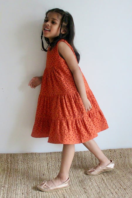 Buy_Charkhee_Orange Cotton Embroidery Schiffli Tiered Dress _Online_at_Aza_Fashions