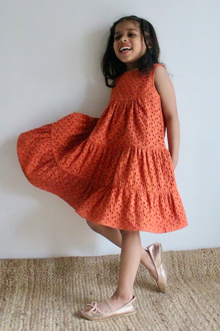 Shop_Charkhee_Orange Cotton Embroidery Schiffli Tiered Dress _Online_at_Aza_Fashions
