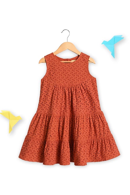 Charkhee_Orange Cotton Embroidery Schiffli Tiered Dress _at_Aza_Fashions