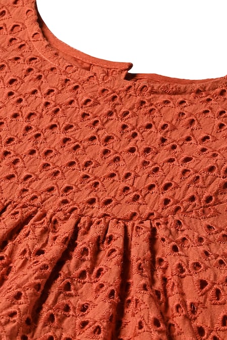 Buy_Charkhee_Orange Cotton Embroidery Schiffli Tiered Dress 