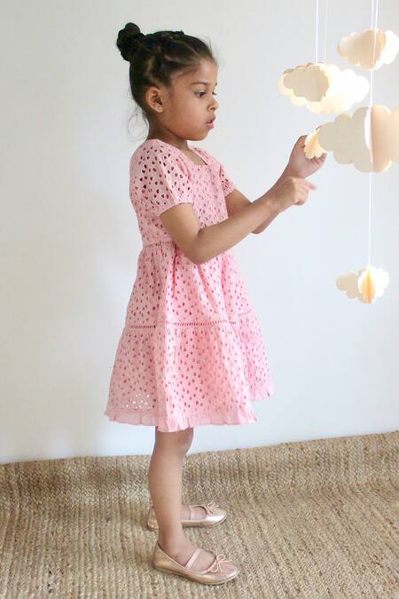 Charkhee_Pink Cotton Embroidery Schiffli Tiered Dress_Online_at_Aza_Fashions