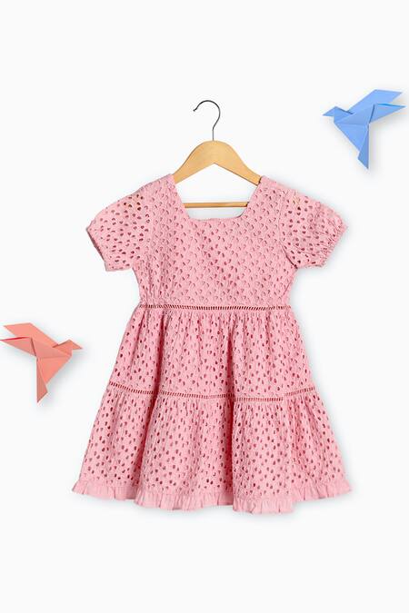 Buy_Charkhee_Pink Cotton Embroidery Schiffli Tiered Dress_Online_at_Aza_Fashions