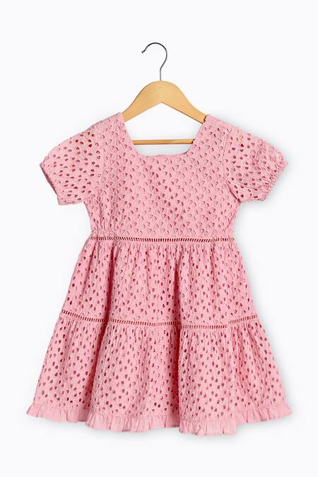 Shop_Charkhee_Pink Cotton Embroidery Schiffli Tiered Dress_Online_at_Aza_Fashions