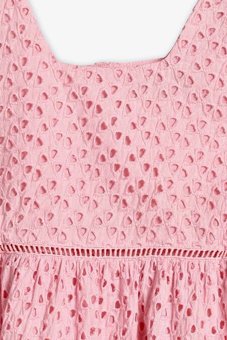 Buy_Charkhee_Pink Cotton Embroidery Schiffli Tiered Dress