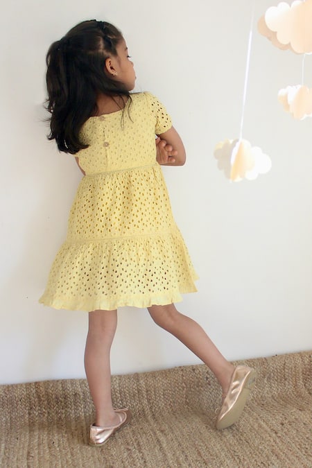 Shop Charkhee Yellow Cotton Embroidery Schiffli Pattern Tiered Dress at Aza Fashions Shop_Charkhee_Yellow Cotton Embroidery Schiffli Pattern Tiered Dress _at_Aza_Fashions
