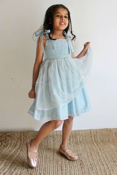 Charkhee_Blue Chanderi, Organza Sequins Embroidered Dress_Online_at_Aza_Fashions